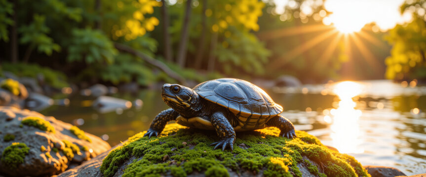 Turtle basking on a moss-covered rock by a serene river at sunset, radiating tranquility and natural beauty