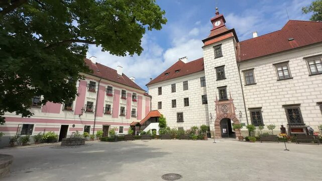 Trebon, Czech Republic-07 18 2024: Trebon chateau castle, Statni zamek Trebon Czech Republic, chateau castle yard, sightseeing, Třeboň, medieval atmosphere
