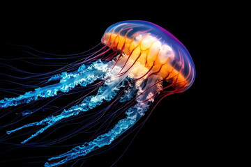 Vibrantly illuminated jellyfish gracefully floating in the dark ocean, showcasing its translucent body and colorful tentacles.