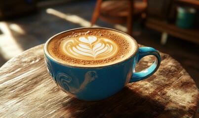 Fresh cup of cappuccino with intricate latte art served in a vibrant blue ceramic cup placed on a rustic table illuminated by soft natural light creating a cozy coffee scene