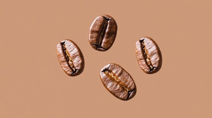 Roasted coffee beans hovering above rich brown surface, highlighting deep color contrast and aromatic essence of premium coffee ingredients