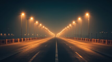 Obraz premium A long stretch of road lined with streetlights, fading into the distance at night