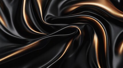 Fototapeta premium A luxurious black silk fabric draped softly with golden highlights