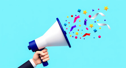 hand holding a megaphone with colorful confetti bursting out