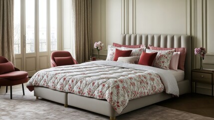 A luxurious mattress covered in a peony floral pattern, with delicate pink and red blossoms