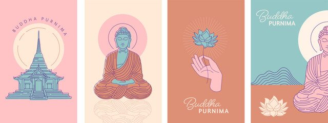 Buddha Purnima, Vesak Day concept design with Buddha and lotus illustration, abstract background, banner, poster and flyer
