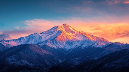 Mountain peak glowing under warm sunset light, casting golden hues across snow covered slopes in colorado rockies landscape