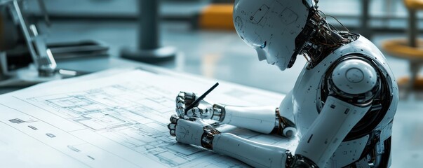 Fototapeta premium Advanced humanoid robot drafting architectural plans in futuristic workspace