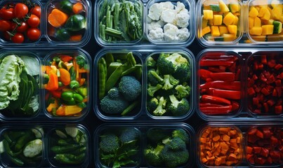 Freshly packed meal prep containers filled with assorted colorful vegetables, bright vibrant tones, healthy lifestyle concept, clean minimalist design