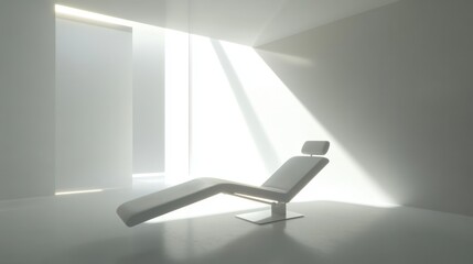 A minimalist barbershop featuring a single high-tech reclining barber chair