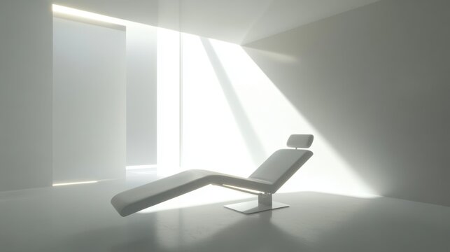 A minimalist barbershop featuring a single high-tech reclining barber chair
