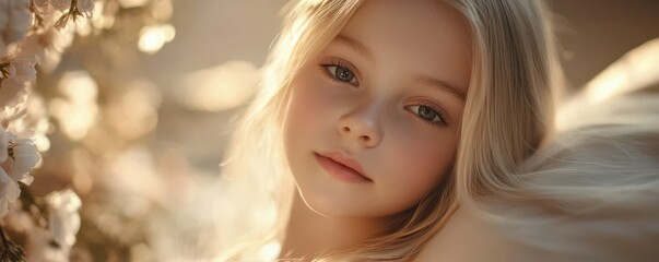 Caucasian young girl with blonde hair lying in warm light embracing serenity