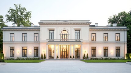 Obraz premium Soft illumination highlighting neoclassical villa facade, casting warm glow on elegant architectural features during twilight hours near manicured garden grounds