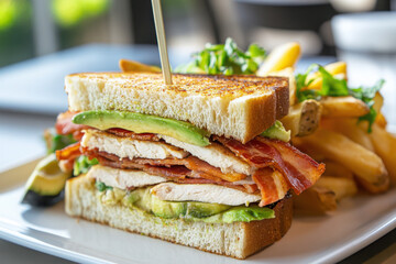 Delicious club sandwich with layers of turkey, bacon, and avocado served with crispy fries on a white plate, perfect for a satisfying meal.