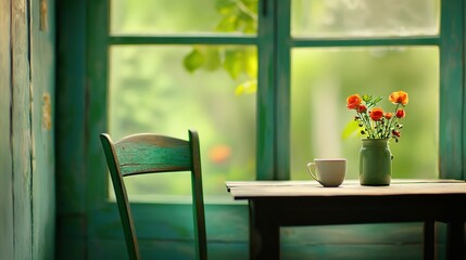  A vase of flowers rests atop a table, alongside a chair and cup