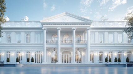 Fototapeta premium Elegant white palace featuring neoclassical design, towering columns, expansive balcony, multiple windows, radiating architectural splendor against clear blue sky
