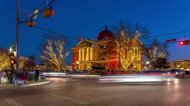 Low Angle Time Lapse of City Hall Square in Georgetown Texas at Christmas time