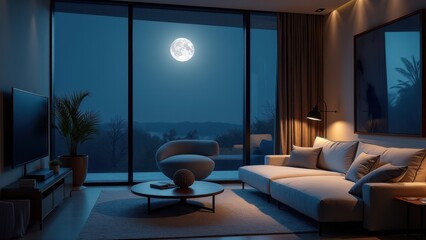 Sleep schedule, Modern living room as sleep sanctuary at night moonlight streaming through windows bird's-eye view 8K UHD.