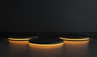 Minimalist arrangement of black circular platforms illuminated by glowing golden light, creating a modern and luxurious design