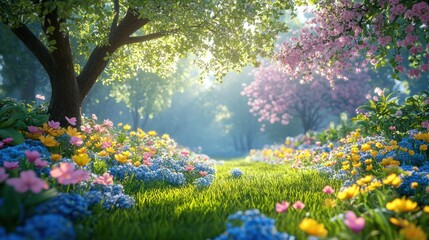 Obraz premium Sunlit Spring Flowers Path, Lush Forest