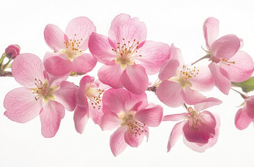 Naklejka premium A close-up of delicate pink cherry blossom flowers on a branch against a light background.