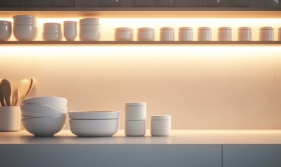 Minimalist kitchen setup with stacked white jars and clean lines, softly lit to emphasize simplicity and modern design aesthetics