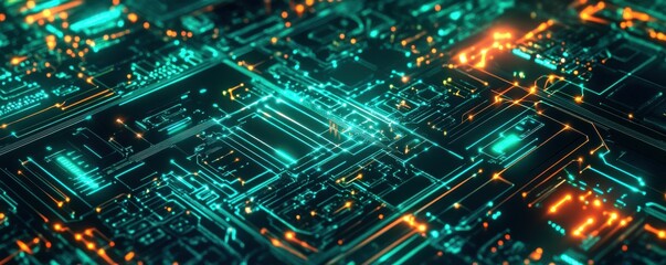 Obraz premium Glowing neon circuit board with electrical pathways and microchip connections