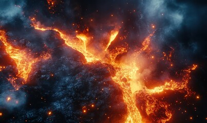 Dynamic shot of glowing molten lava flowing down a volcanic slope, illuminated by its fiery orange and red hues against a dark backdrop