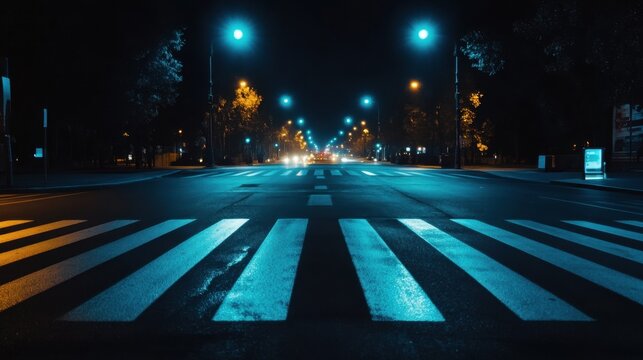 A pedestrian crossing at night illuminated by evenly spaced streetlights