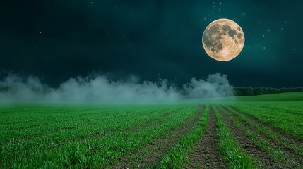 Fototapeta premium Serene night landscape featuring a full moon illuminating a misty green field under starlit sky
