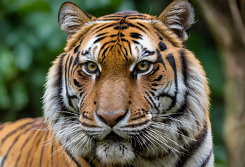 Obraz premium Tiger Stares with Piercing Eyes in Soft Light