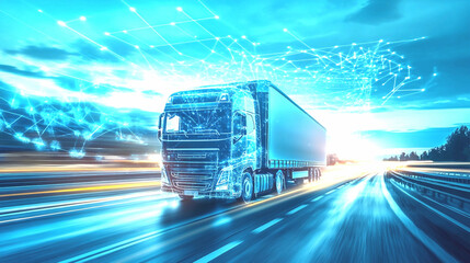 Innovation on the Road: A digital representation of a semi-trailer truck speeding along a highway, overlaid with a network of data points.