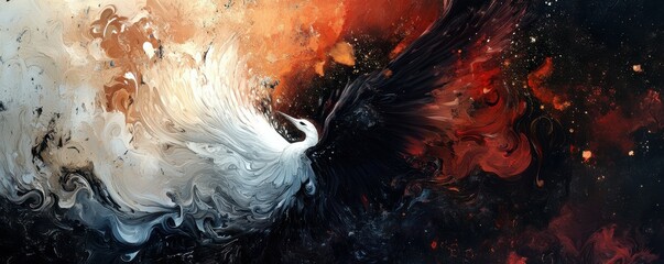 Obraz premium Abstract black and white phoenix in fiery cosmic swirl