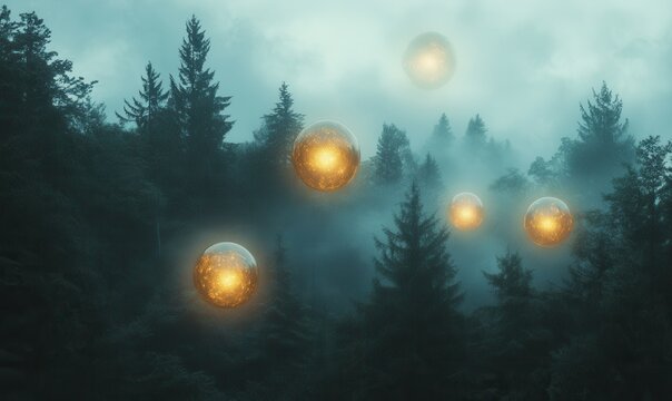 Mystical landscape featuring glowing floating orbs above a dense forest, soft fog enhancing the ethereal atmosphere,