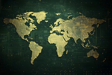 Global Connections: A stylized world map, rendered in an aged gold hue, is superimposed onto a dark background with intricate circuit board patterns.