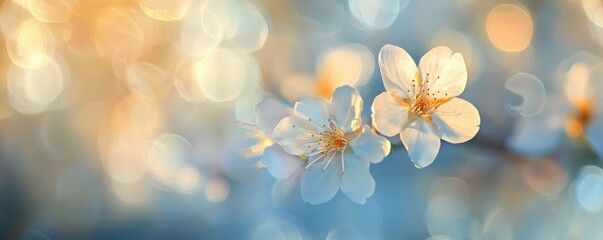 Fototapeta premium Close-up of blossoming white flowers with soft bokeh background in warm sunlight