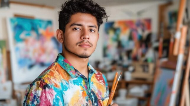 A young Latino male artist poses confidently in a colorful shirt, holding a paintbrush in a vibrant studio filled with creativity and artistic expression.