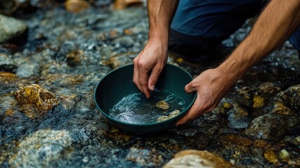 Experienced geologist scouring mountain stream with green gold pan, searching rocky terrain for precious gold nuggets during geological fieldwork