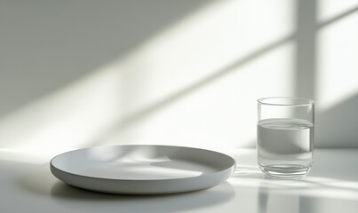 Minimalist modern setup with a simple plate and glass of water on a white surface, illuminated by soft natural light, creating a clean and elegant atmosphere,