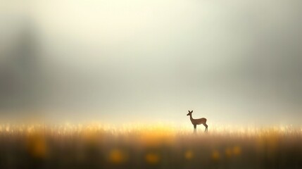   A deer in a tall grass field under a foggy sky with the sun shining through