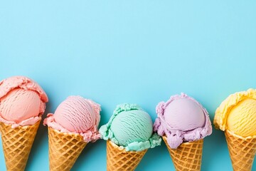 Pastel ice cream in waffle cones, bright background, copy space