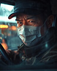 Fototapeta premium Bus driver in mask during pandemic captured in close-up shot