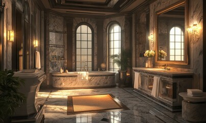 Fototapeta premium Elegant bathroom with marble finishes, a large mirror, and soft lighting, creating a sophisticated and luxurious feel