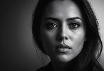 Fototapeta premium Woman's Intense Gaze in Grayscale Close-up