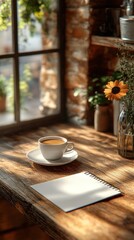 Cozy Coffee Shop Moment: Sunlit Table, Notebook, and Cup of Coffee