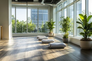 Corporate yoga session in modern office with natural light and greenery