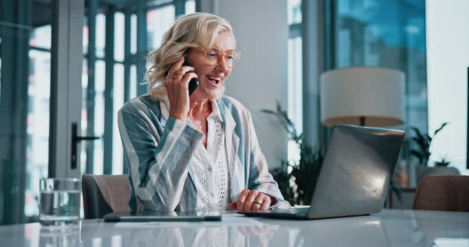 Woman, happy and phone call in office for business, negotiation or agreement at laptop. Mature administrator, laugh and tech in agency for contact, funny story or good news with reference on computer