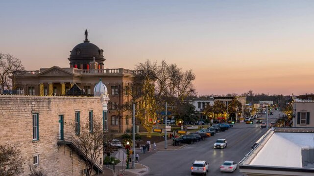 Aerial Time Lapse of Sunset over Downtown Georgetown Texas with Clear skies