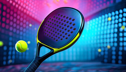 Padel tennis racket in neon lights. Background with copy space. Mockup for padel event tournament design. Open tour.