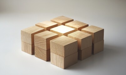 Minimalist wooden blocks arranged in a geometric pattern, softly illuminated to emphasize their clean lines and natural textures